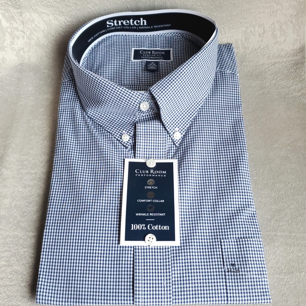 🆕️ CLUB ROOM Performance Navy Check Wrinkle Resistant Dress Shirt NECK SIZE: 18